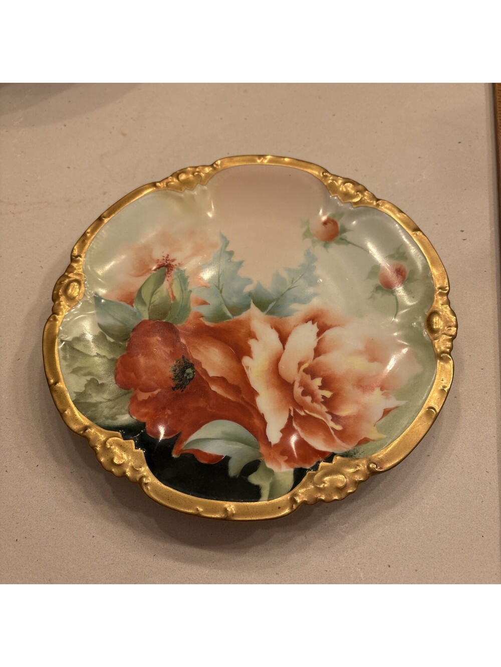 Antique Coronet Limoges France Hand Painted Poppy 9" Plate Martial Redon Gold